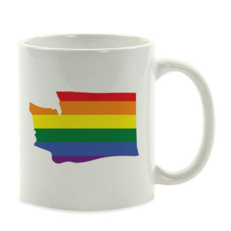 Tailorly White Ceramic 11 oz Mug - Vibrant Rainbow Pride Stripes Filling The Map Outline Of Washington State