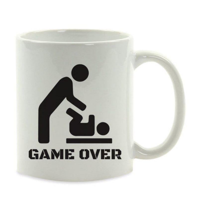 Tailorly White Ceramic 11 oz Mug - Game Over Minimalist Black Silhouette Of Parent Changing Baby Diaper On Surface Illustration