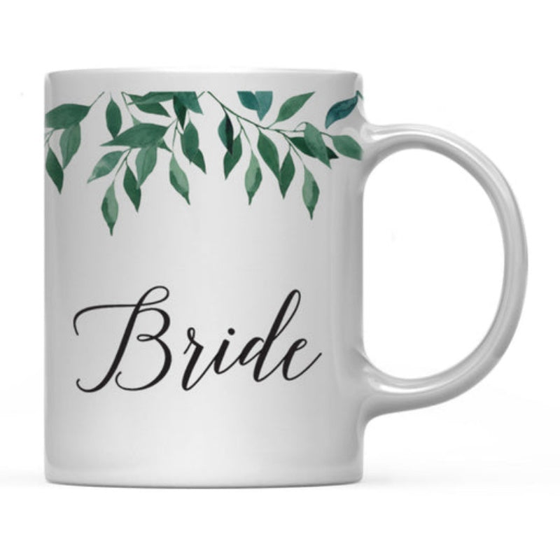 Tailorly White Ceramic 11 oz Mug - Bride Green Leaves Hanging From Top In Artistic Watercolor Style Leaf