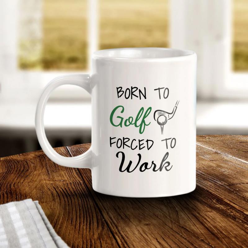 Tailorly White Ceramic 11 oz Mug - Born To Golf Forced To Work Minimalist Line Art Sketch Of A Club Hitting A Ball Golf Club