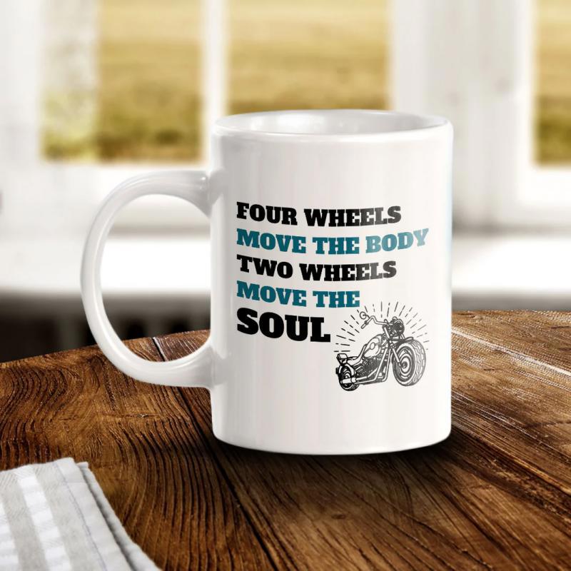 Tailorly White Ceramic 11 oz Mug - Four Wheels Move The Body Two Wheels Move The Soul Vintage Classic Cruiser Design With Radiating Motion Lines And Text