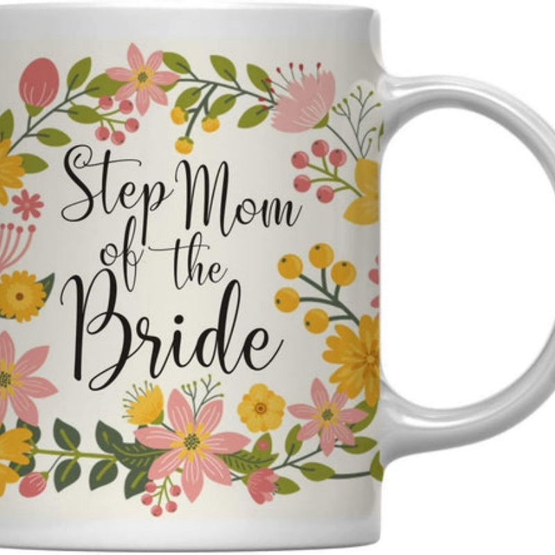 Tailorly White Ceramic 11 oz Mug - Step Mom Of The Bride Vibrant Colorful Flowers And Green Leaves Arranged In A Circular Manner Wreath