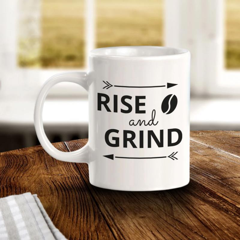 Tailorly White Ceramic 11 oz Mug - Rise And Grind Minimalist Black Arrows And A Single Roasted Coffee Bean Graphic Mug