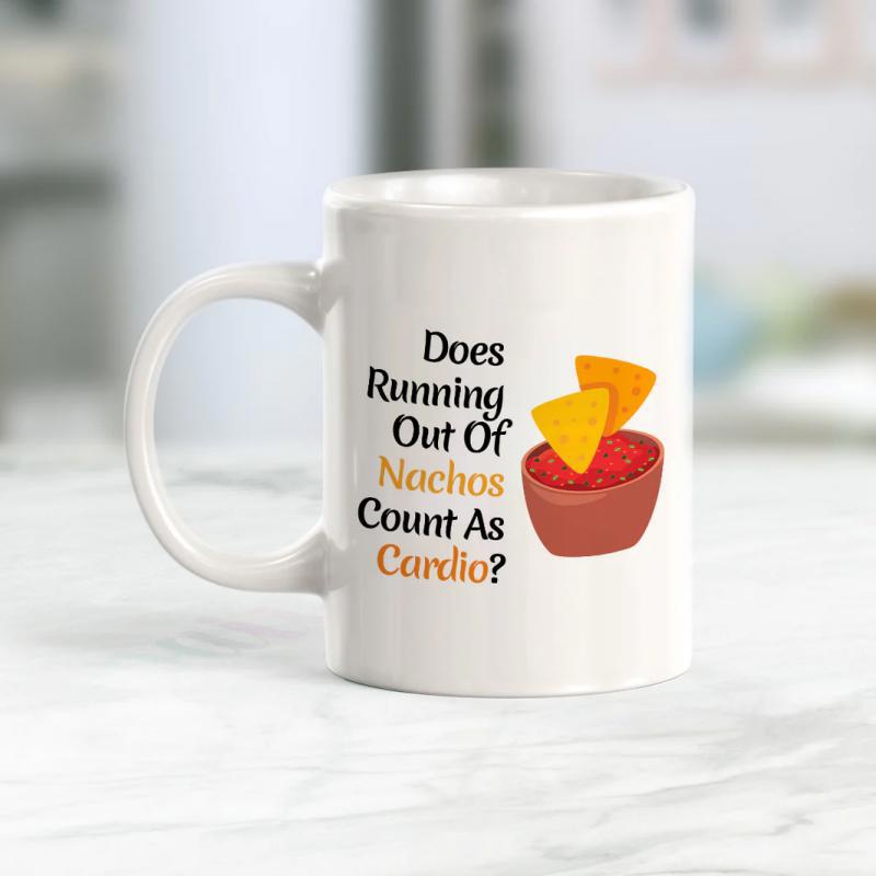 Tailorly White Ceramic 11 oz Mug - Does Running Out Of Nachos Count As Cardio Tasty Yellow Tortilla Chips Dipped In Red Spicy Salsa Sauce Bowl Nachos