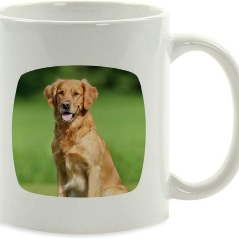 Tailorly White Ceramic 11 oz Mug - Vibrant Green Field With A Majestic Golden Retriever Sitting Calmly Dog