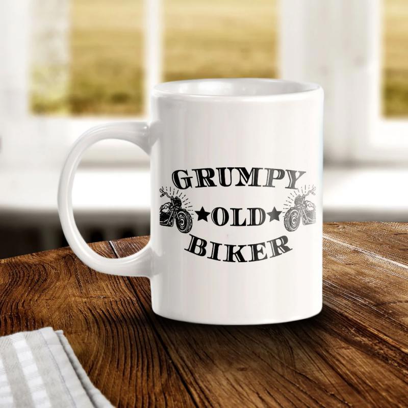 Tailorly White Ceramic 11 oz Mug - Grumpy Old Biker Classic Vintage Style With Detailed Motorcycle Silhouettes And Decorative Stars Motorcycle