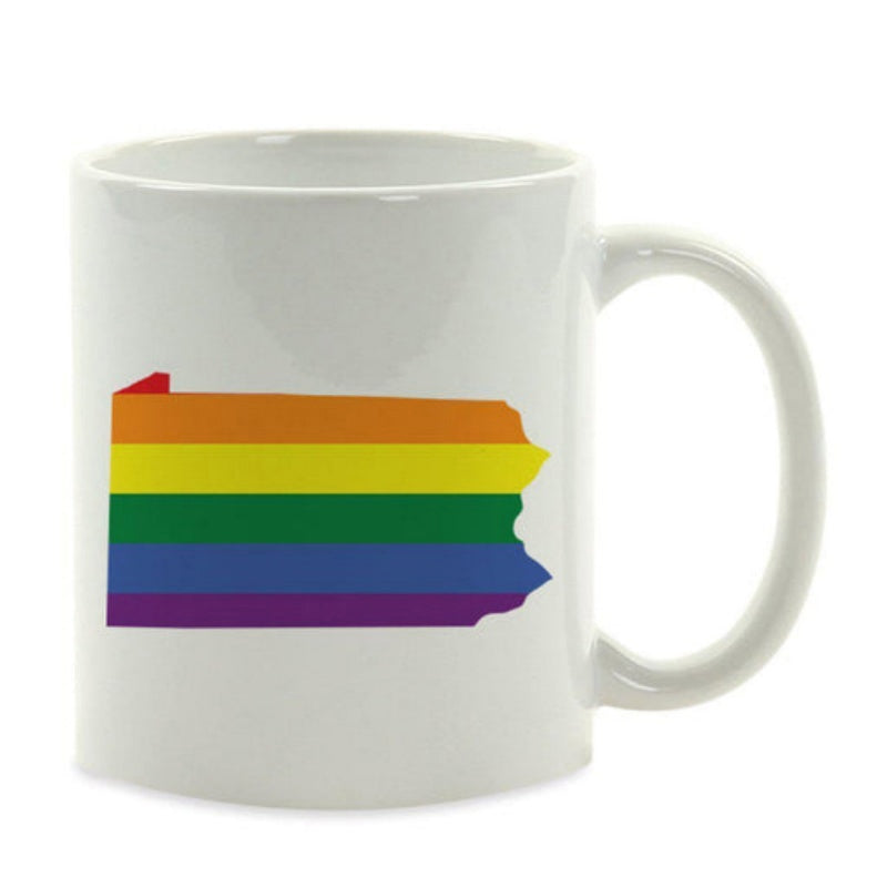 Tailorly White Ceramic 11 oz Mug - Rainbow Colored Pennsylvania State Map Silhouette Resting On Pure