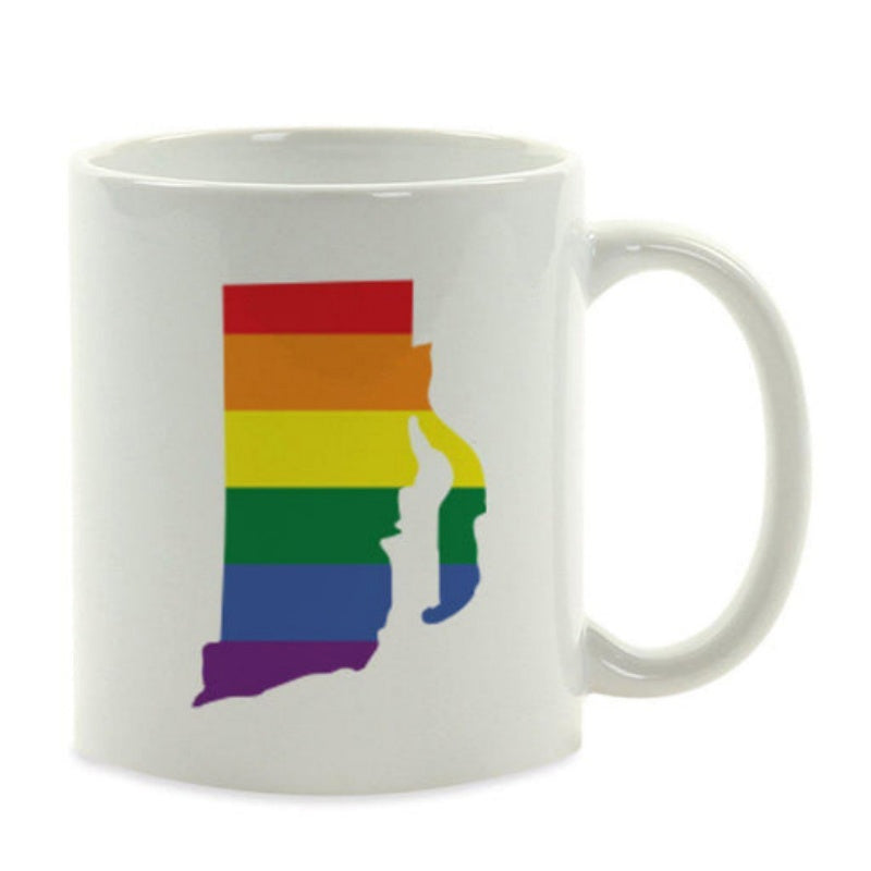 Tailorly White Ceramic 11 oz Mug - Vibrant Rainbow Pride Stripes Within The Silhouette Of A Geographic Rhode Island