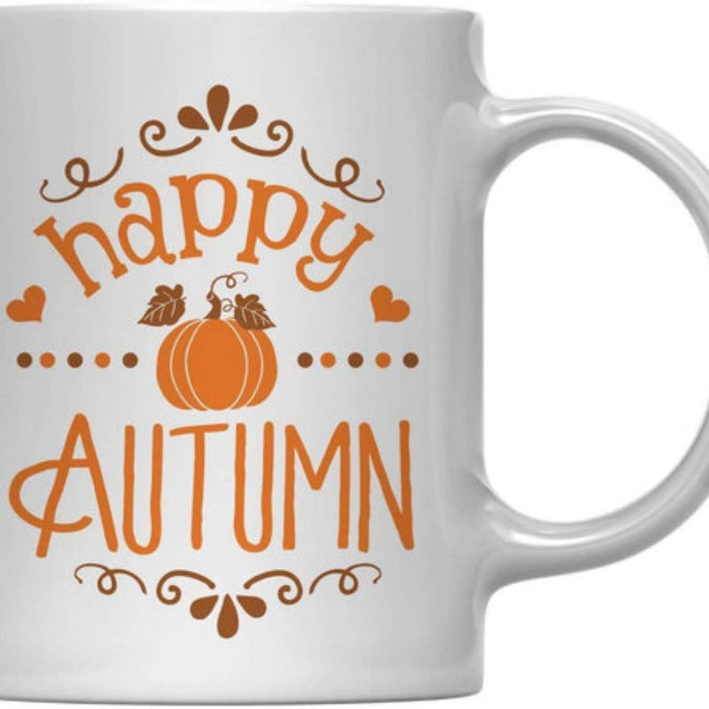 Tailorly White Ceramic 11 oz Mug - Happy Autumn Seasonal Harvest Design With Swirls And Tiny Hearts Pumpkin