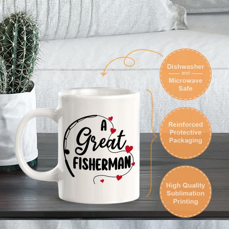 Tailorly White Ceramic 11 oz Mug - A Great Fisherman Graceful Fishing Rod Silhouette Among Small Red Hearts With Classic Script Style Fisherman