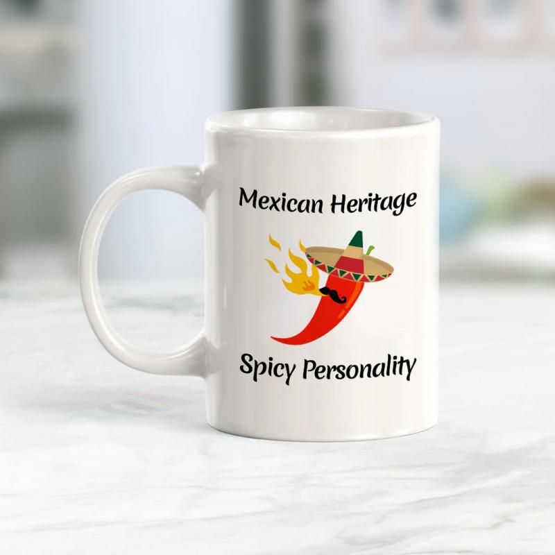 Tailorly White Ceramic 11 oz Mug - Mexican Heritage Spicy Personality Vibrant Red Chili Pepper Wearing Traditional Sombrero And Sunglasses With Flame Detail Chili
