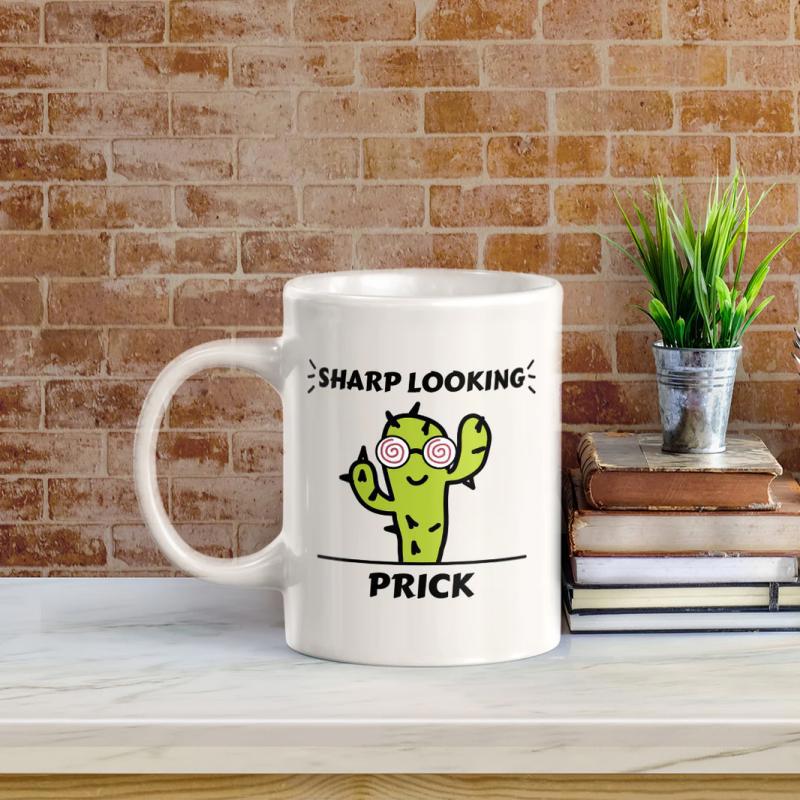 Tailorly White Ceramic 11 oz Mug - Sharp Looking Prick Green Smiling Cartoon Succulent Wearing Pink Sunglasses With Tiny Thorns Cactus