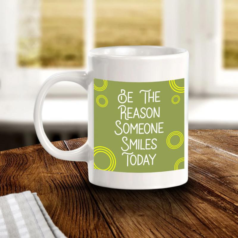 Tailorly White Ceramic 11 oz Mug - Be The Reason Someone Smiles Today Minimalist Vibrant Green Background With Hand Drawn Style Concentric Circular Rings Pattern