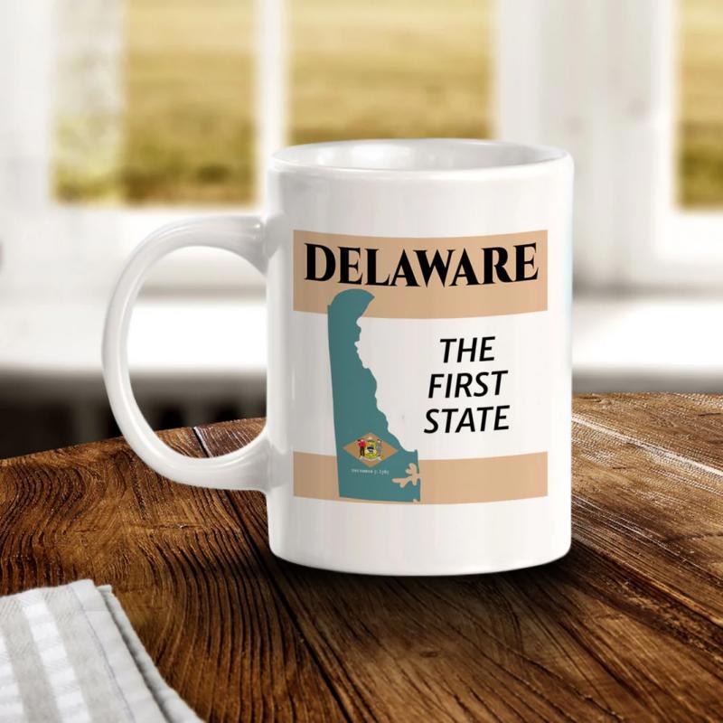 Tailorly White Ceramic 11 oz Mug - Delaware The First State Teal State Map Silhouette With Elegant Script Over Plain Surface Delaware