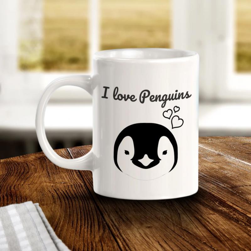 Tailorly White Ceramic 11 oz Mug - I Love Penguins Minimalist Black Line Art Style With Three Small Hearts Penguin