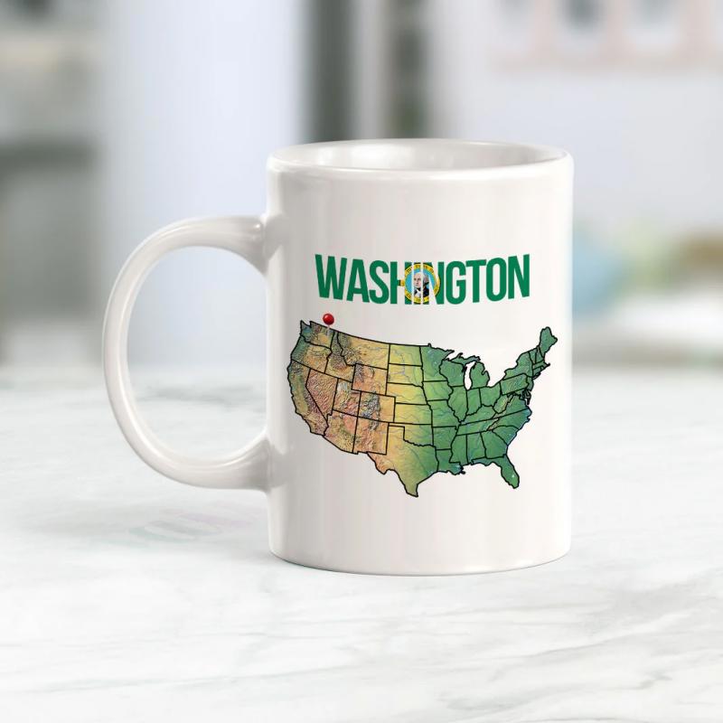 Tailorly White Ceramic 11 oz Mug - Washington Colorful Map Of United States Featuring Detailed Borders And Red Pin Map