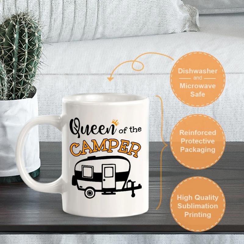 Tailorly White Ceramic 11 oz Mug - Queen Of The Camper Vintage Style Teardrop Trailer With Decorative Lettering And Artistic Black Details Camper