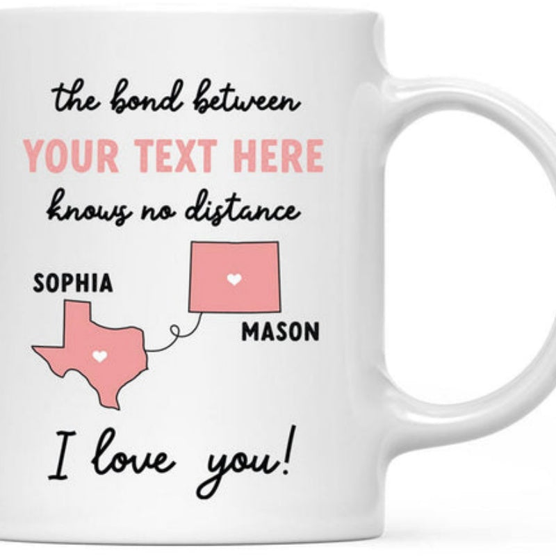 Tailorly White Ceramic 11 oz Mug - The Bond Between Knows No Distance Sophia Mason I Love You Minimalist Pink Maps Connected By Delicate Dotted Line Mug