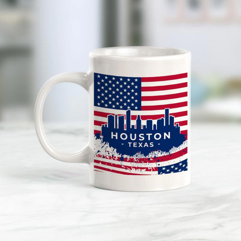 Tailorly White Ceramic 11 oz Mug - Houston Texas Patriotic American Flag With Distressed City Skyline Silhouette Skyline