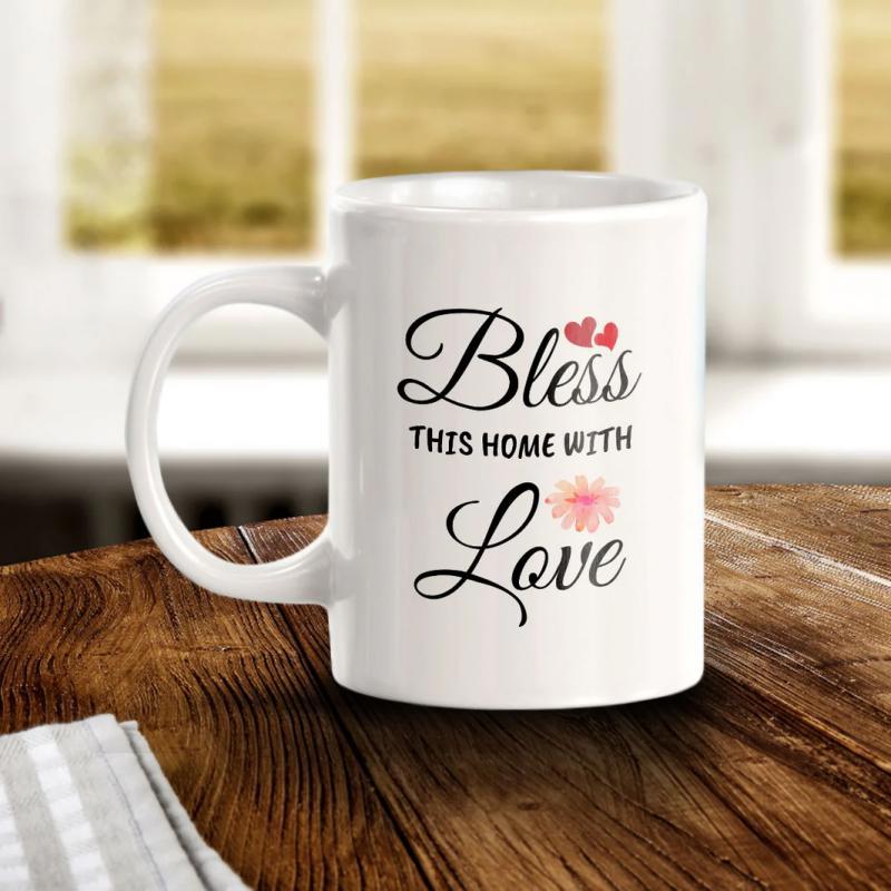 Tailorly White Ceramic 11 oz Mug - Bless This Home With Love Elegant Script Embellished With Red Hearts And A Pink Petal Flower Mug