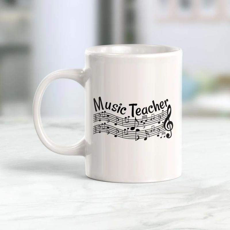 Tailorly White Ceramic 11 oz Mug - Music Teacher Elegant Black Staff Lines With Flowing Graceful Symbolic Notes