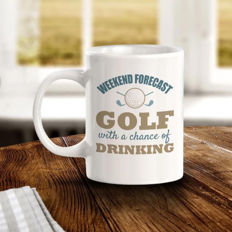 Tailorly White Ceramic 11 oz Mug - Weekend Forecast Golf With A Chance Of Drinking Two Minimalist Clubs Crossed Behind A Textured Round White Golf Ball