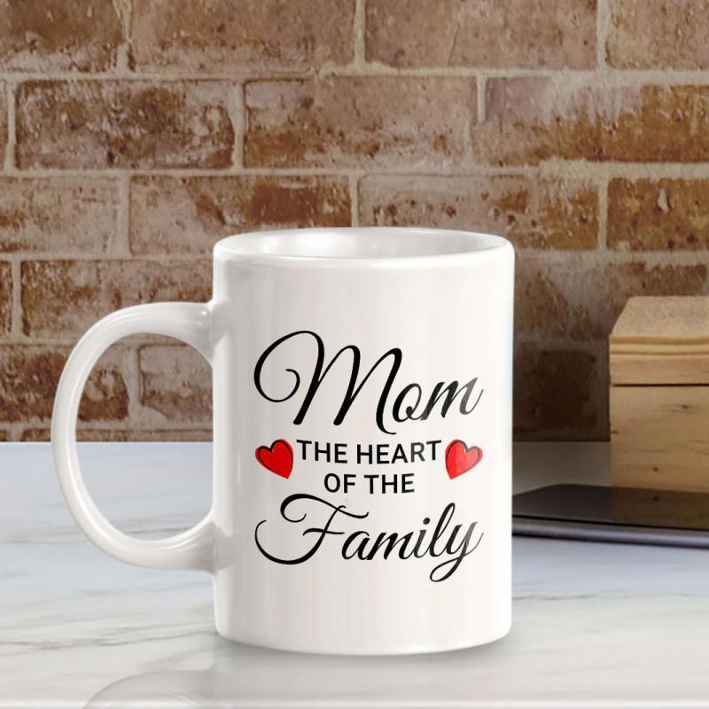 Tailorly White Ceramic 11 oz Mug - Mom The Heart Of The Family With Elegant Calligraphy And Red Hearts Mug