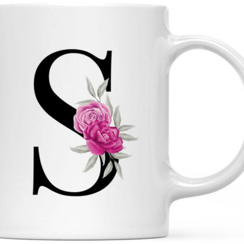 Tailorly White Ceramic 11 oz Mug - S Elegant Pink Roses With Grey Leaves Intertwined Around Large Black Serif Letter
