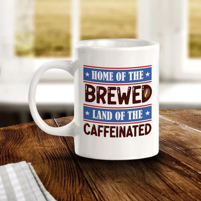 Tailorly White Ceramic 11 oz Mug - Home Of The Brewed Land Of The Caffeinated Classic White Ceramic Design With Patriotic Blue Stripes And Stars Mug