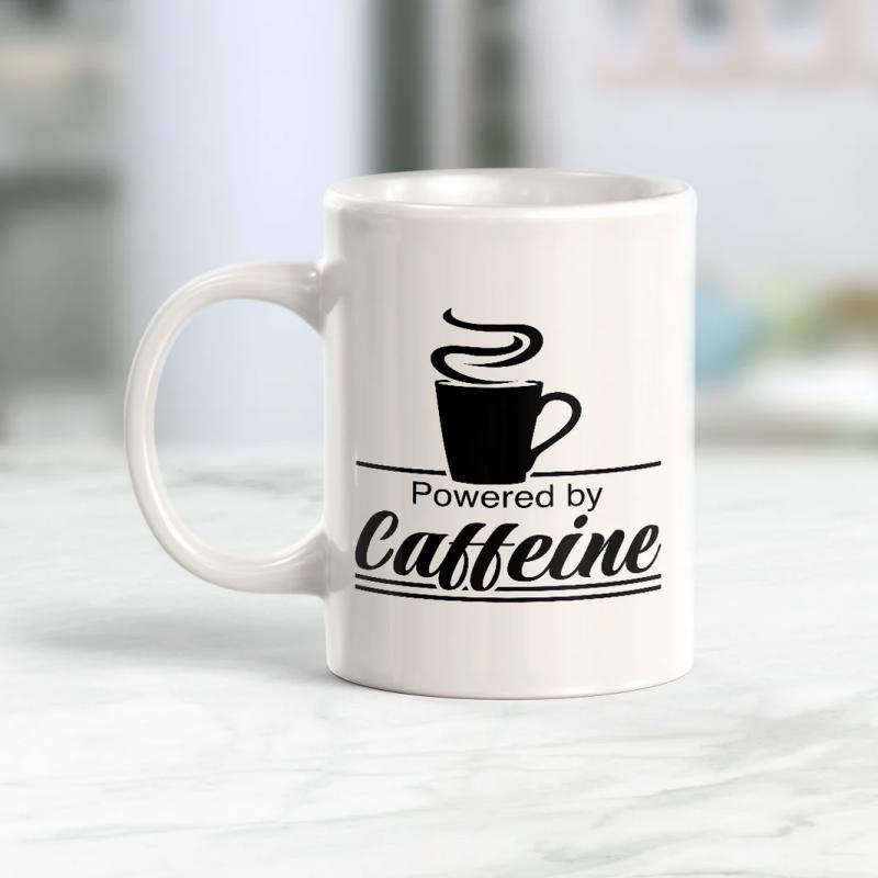 Tailorly White Ceramic 11 oz Mug - Powered By Caffeine Elegant Black Ink Steaming Coffee Cup Silhouette With Stylish Horizontal Lines Mug