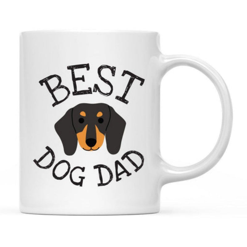 Tailorly White Ceramic 11 oz Mug - Best Dog Dad Adorable Cartoon Black And Tan Hound With Long Floppy Ears Dachshund