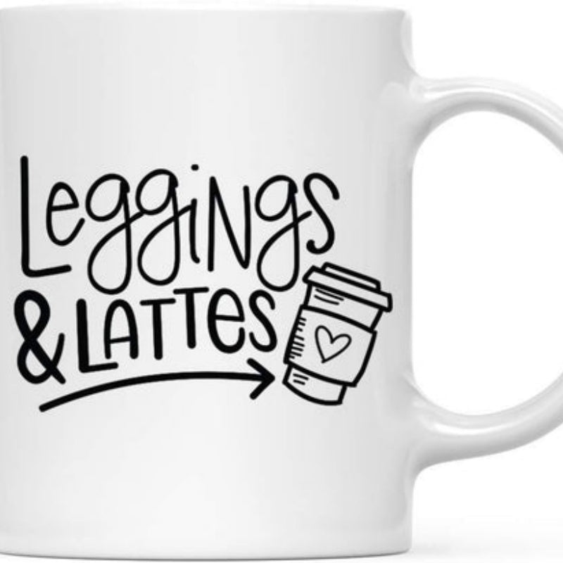 Tailorly White Ceramic 11 oz Mug - Leggings Lattes Minimalist To Go Coffee Cup Featuring Heart And Pointing Arrow Mug