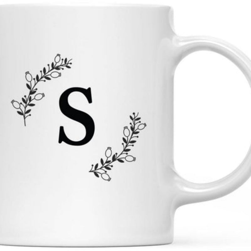 Tailorly White Ceramic 11 oz Mug - S Minimalist Black Botanical Branches With Delicate Berries And Leaves Letter S