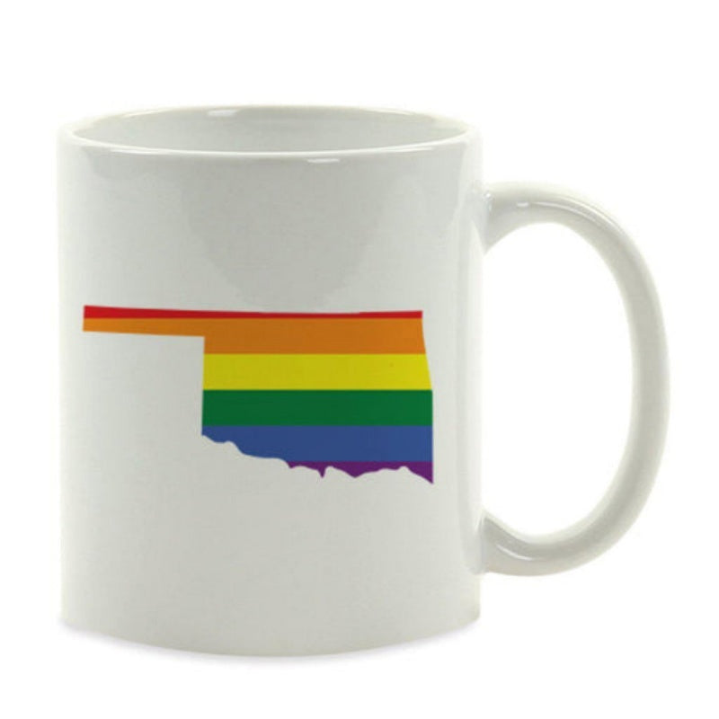 Tailorly White Ceramic 11 oz Mug - Minimalist Oklahoma State Shape Featuring Vibrant Rainbow Pride Stripes Patterned Map