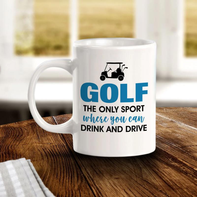 Tailorly White Ceramic 11 oz Mug - Golf The Only Sport Where You Can Drink And Drive Simple Black Silhouette Of A Classic Motorized Electric Outdoor Vehicle Golf