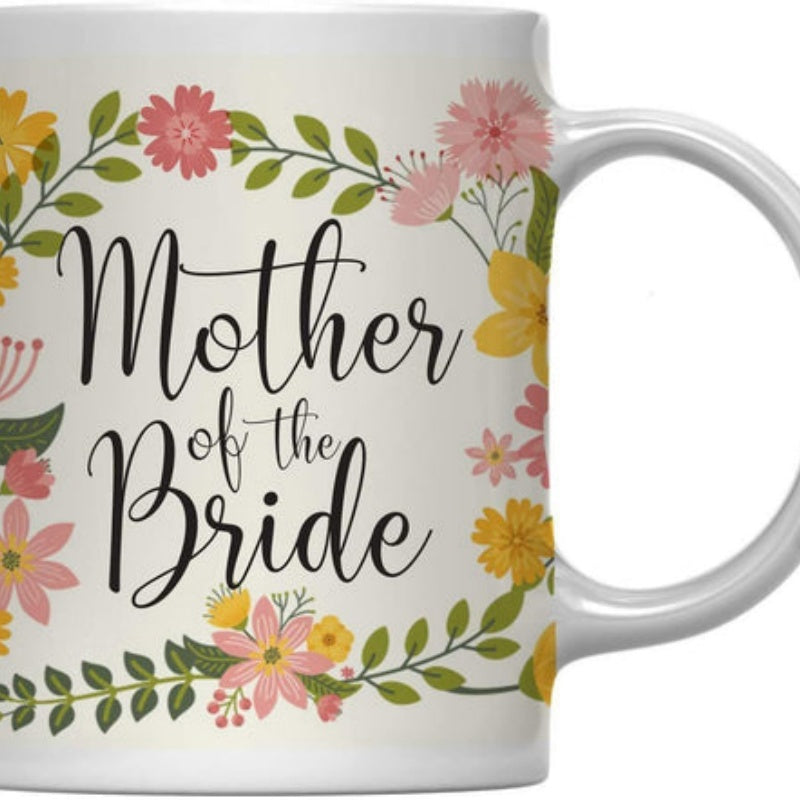 Tailorly White Ceramic 11 oz Mug - Mother Of The Bride Elegant Hand Painted Colorful Garden Blossoms Surrounded By Green Leaves Wreath