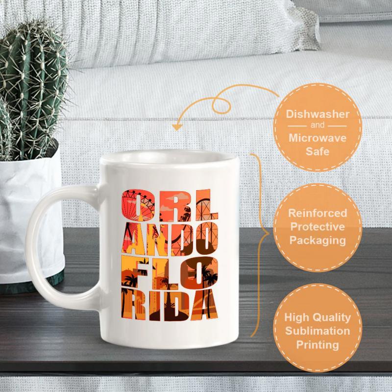 Tailorly White Ceramic 11 oz Mug - Orlando Florida Vibrant Sunset Scenes Inside Bold Letters Showcasing Tropical Palm Trees Mug