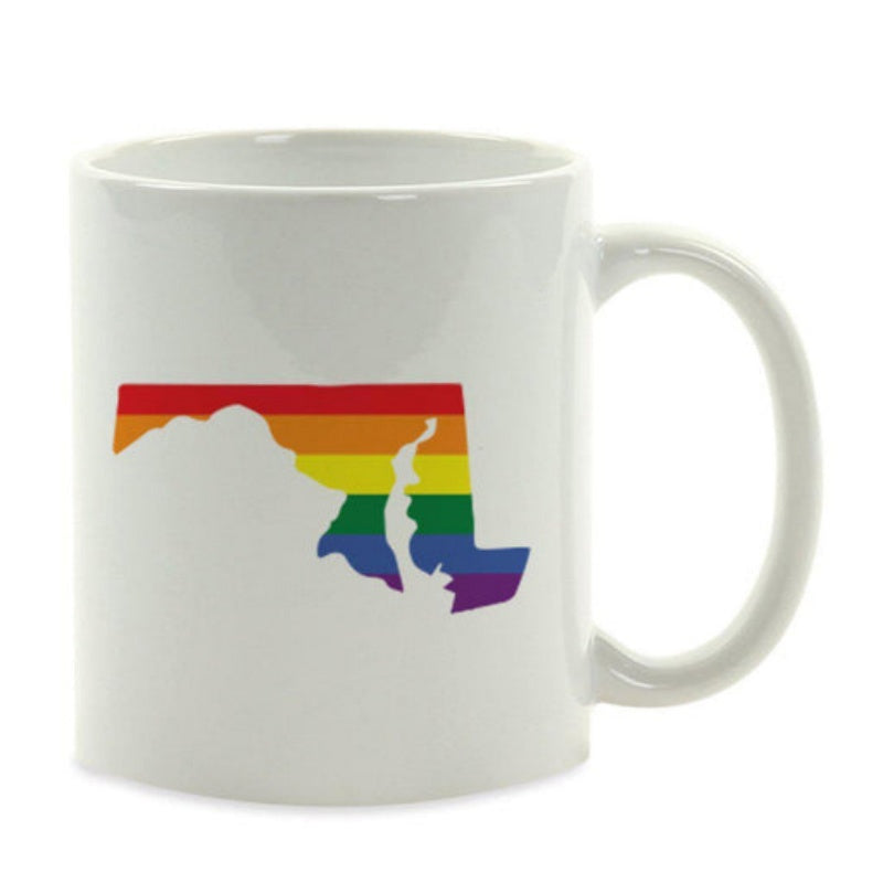 Tailorly White Ceramic 11 oz Mug - Colorful Pride Rainbow Stripes Displayed Across The Outline Of Map