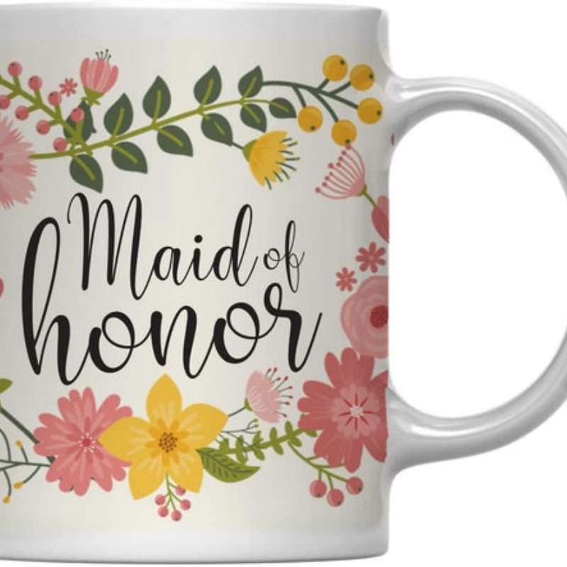 Tailorly White Ceramic 11 oz Mug - Maid Of Honor Colorful Spring Wildflowers Blooming Among Green Leaves In A Beautiful Circular Wreath