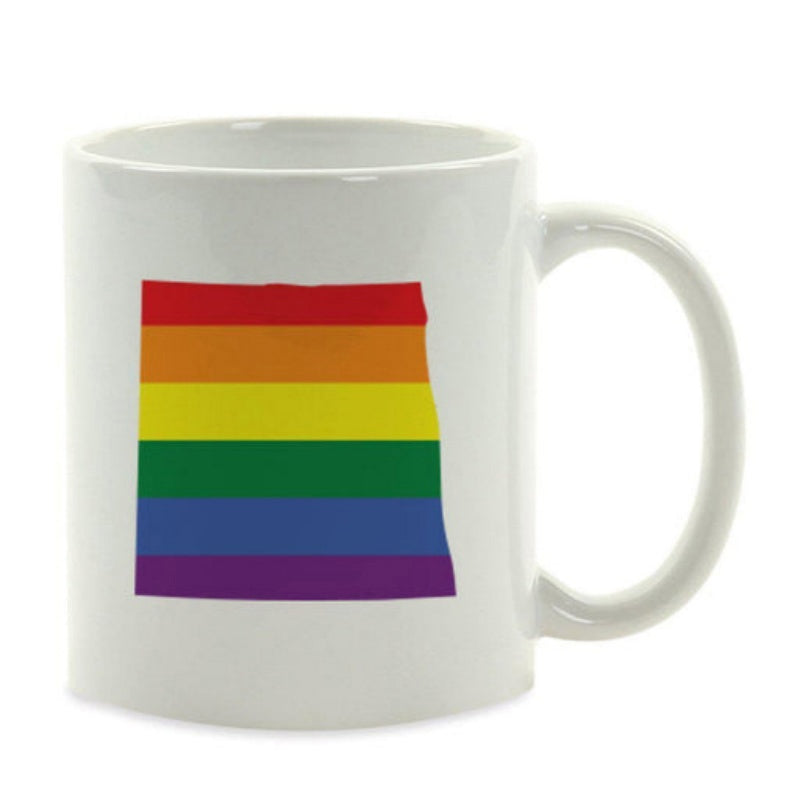 Tailorly White Ceramic 11 oz Mug - Vibrant Rainbow Pride Stripes Filling A Symbolic State Silhouette Map Outline North Dakota
