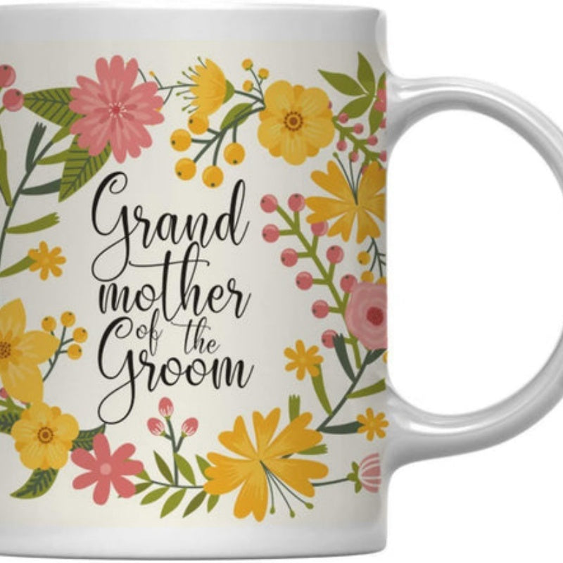 Tailorly White Ceramic 11 oz Mug - Grandmother Mother Of The Groom Colorful Wildflowers Blooming In A Circle Of Green Summer Leaves Flower
