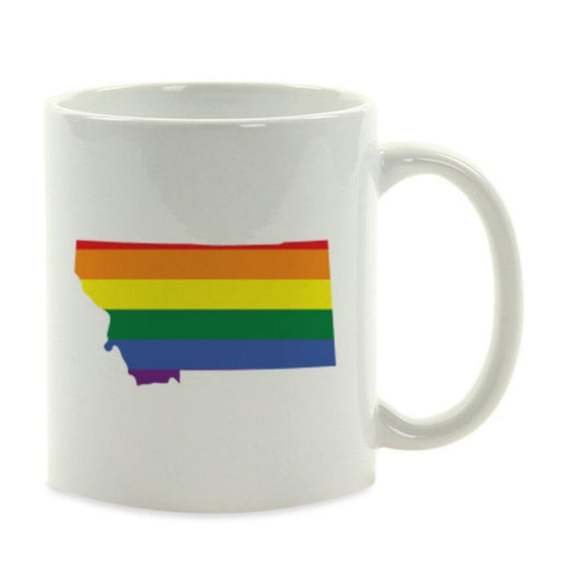 Tailorly White Ceramic 11 oz Mug - Rainbow Colored Pride Flag Within The Geographic Shape Of The Montana