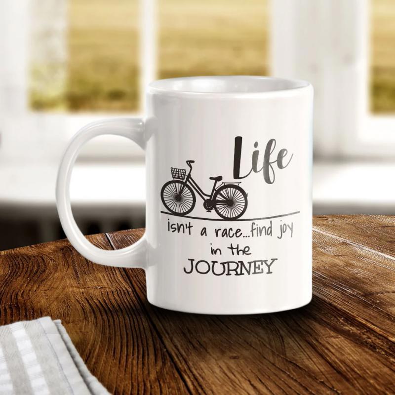 Tailorly White Ceramic 11 oz Mug - Life Isnt A Race Find Joy In The Journey Minimalist Black Silhouette With Front Basket Touring Bicycle