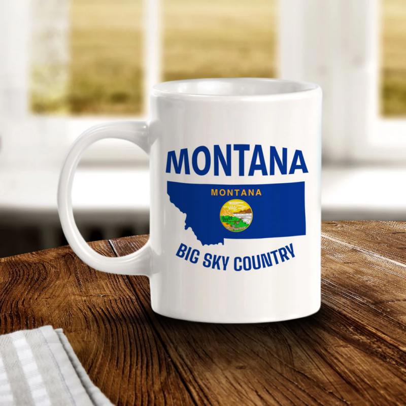 Tailorly White Ceramic 11 oz Mug - Montana Big Sky Country Silhouette Featuring State Flag Colors With Sun Mountains And River Map