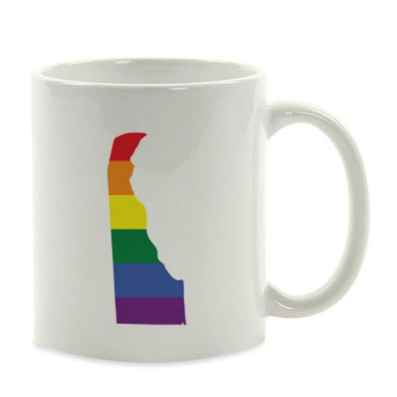 Tailorly White Ceramic 11 oz Mug - Vibrant Rainbow Colors Representing Pride Within Delaware State Geographic Map