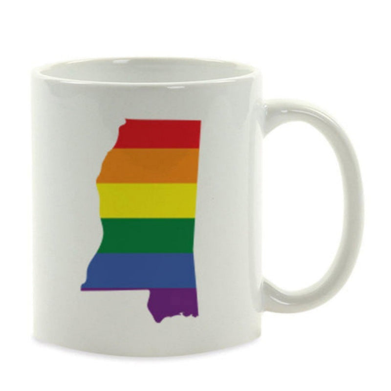 Tailorly White Ceramic 11 oz Mug - Vibrant Rainbow Striped Pride Flag Pattern Inside Mississippi State Silhouette Map Mississippi