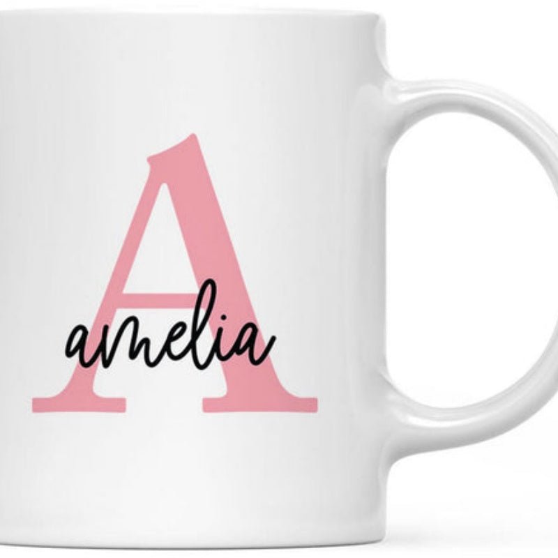 Tailorly White Ceramic 11 oz Mug - Amelia Large Pink Initial With Elegant Script Name Over A