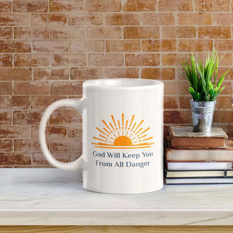 Tailorly White Ceramic 11 oz Mug - God Will Keep You From All Danger Vibrant Orange Rising Sun With Radiant Beaming Rays Sunburst