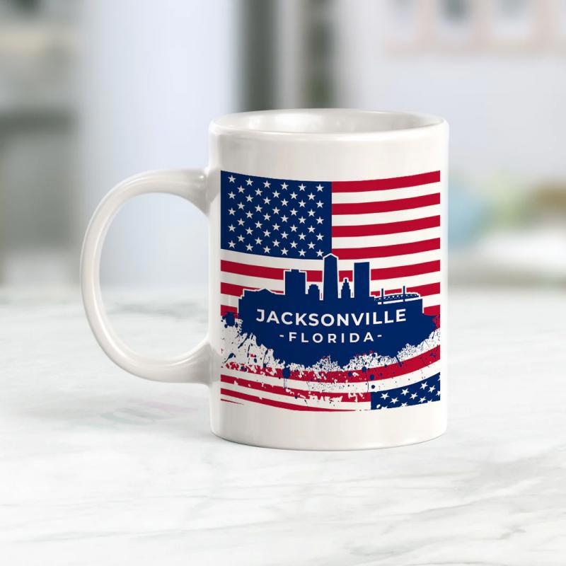 Tailorly White Ceramic 11 oz Mug - Jacksonville Florida Patriotic American Flag Background With Urban City Building Silhouette Skyline