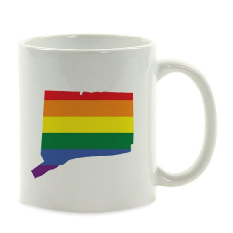 Tailorly White Ceramic 11 oz Mug - Rainbow Pride Flag Stripes Within Connecticut State Map Silhouette Mug
